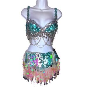 BellyDance Costume Bra & Hip Belt Set Coins & Sequins 36B Belt 33” Aqua & Silver